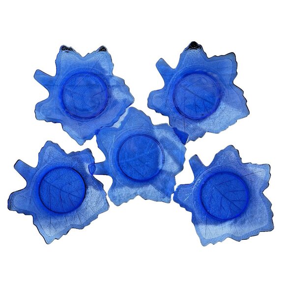 VTG Set 5 Cobalt Blue Maple Leaf Plate 8" L E Smith Vintage Mount Pleasant Salad - Picture 2 of 8